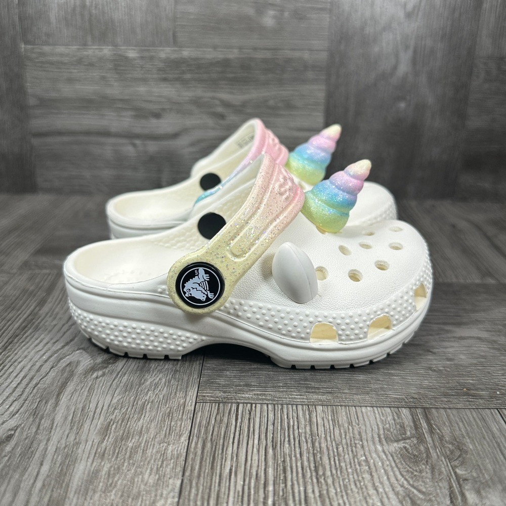 Crocs Unicorn Clogs Toddler C6 White Rainbow Glitter Sparkle NEW